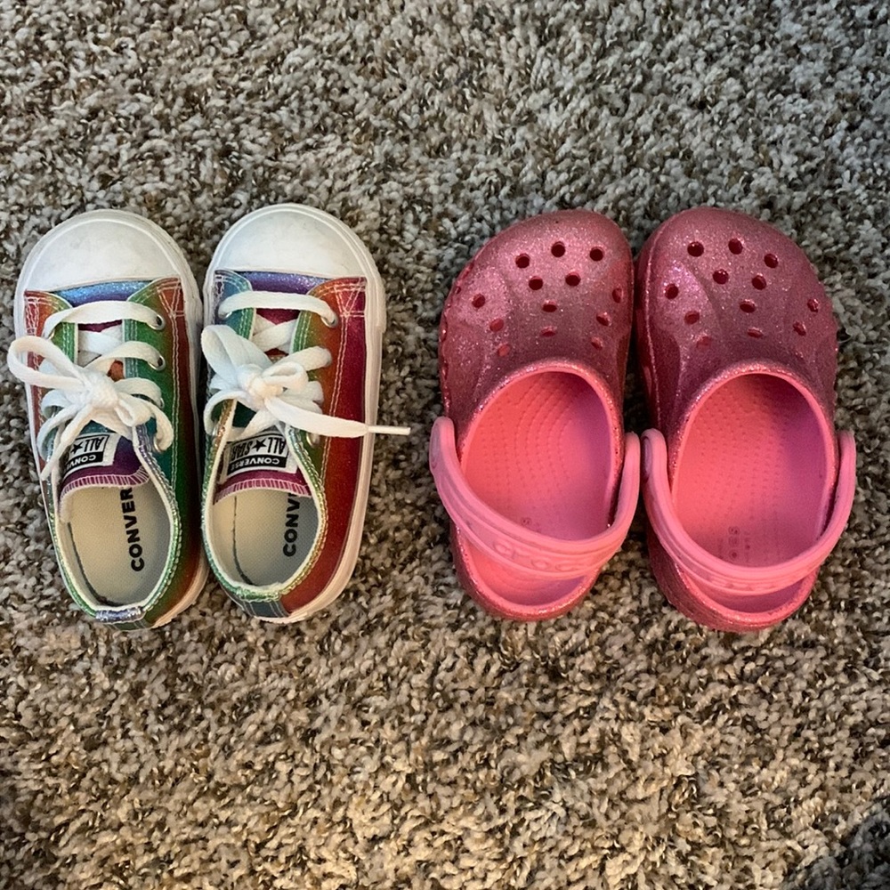 Toddler girl size 7 shoes rainbow converse and pink glitter crocs GUC